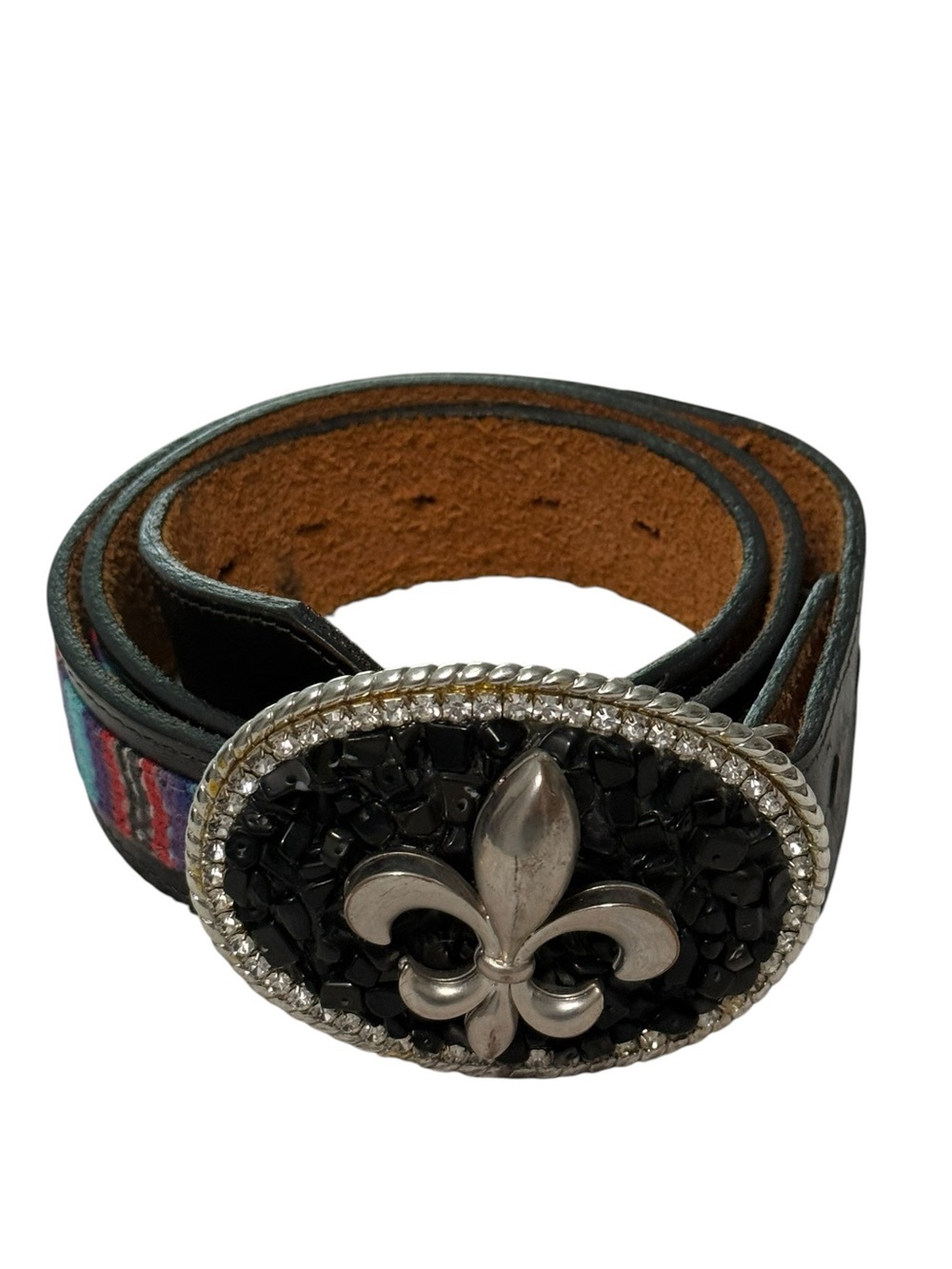 Western Top Grain Bridle Leather‎ Belt Fleur De Lis Rhinestone Buckle Black 34